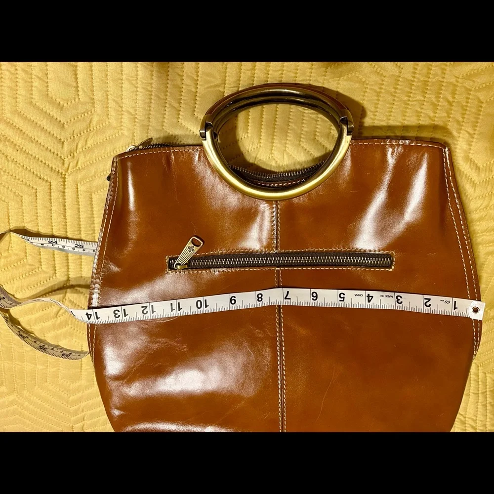 Patricia Nash Saddle Brown Leather Satchel with Gold Ring Handles